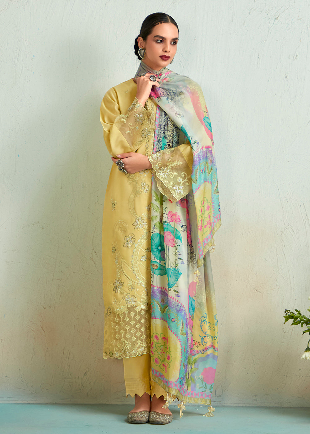 Buy Lemon Yellow Pure Muslin Resham Embroidered Salwar Suit - Empress ...