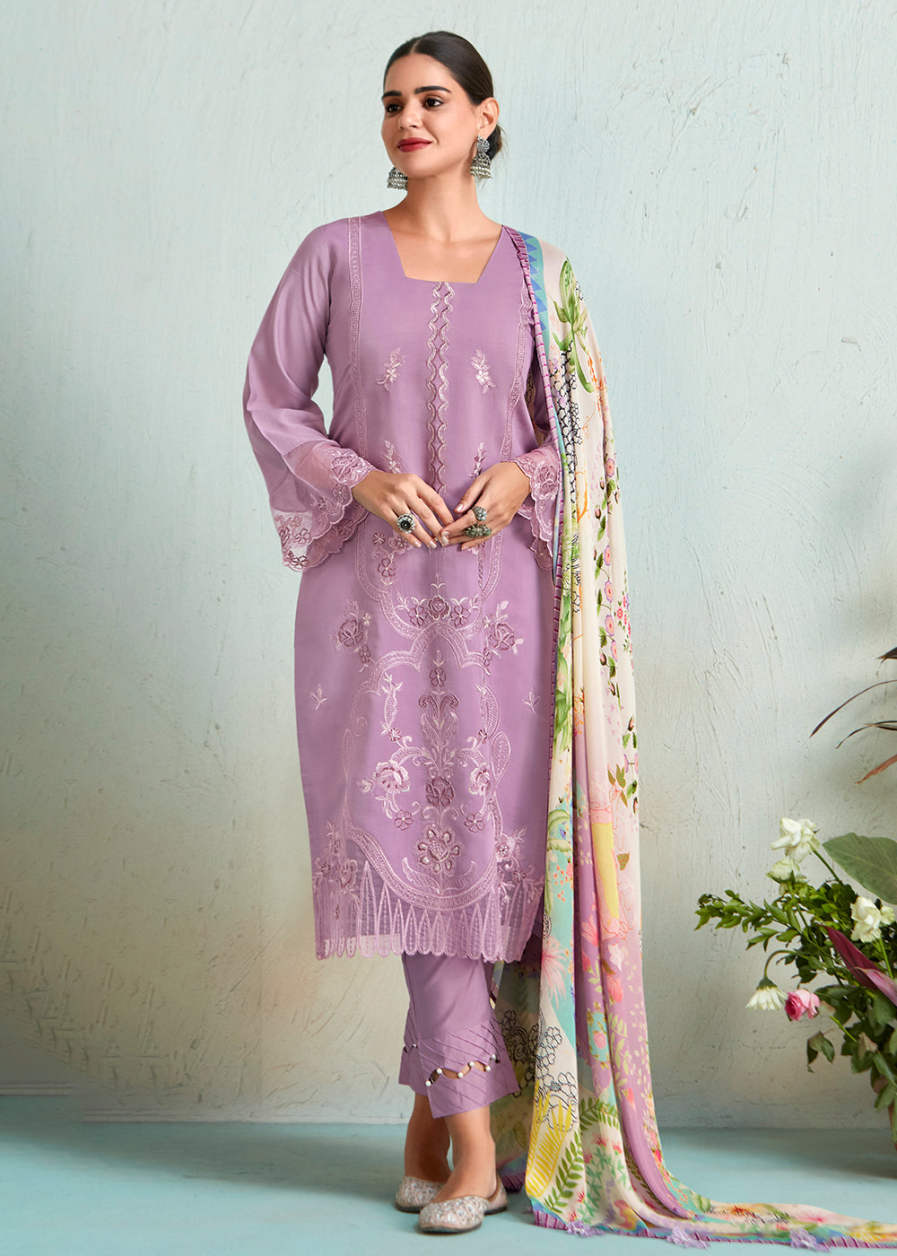 Buy Now Lilac Pink Pure Muslin Resham Embroidered Salwar Suit Online in USA, UK, Canada, Germany, Australia & Worldwide at Empress Clothing. 