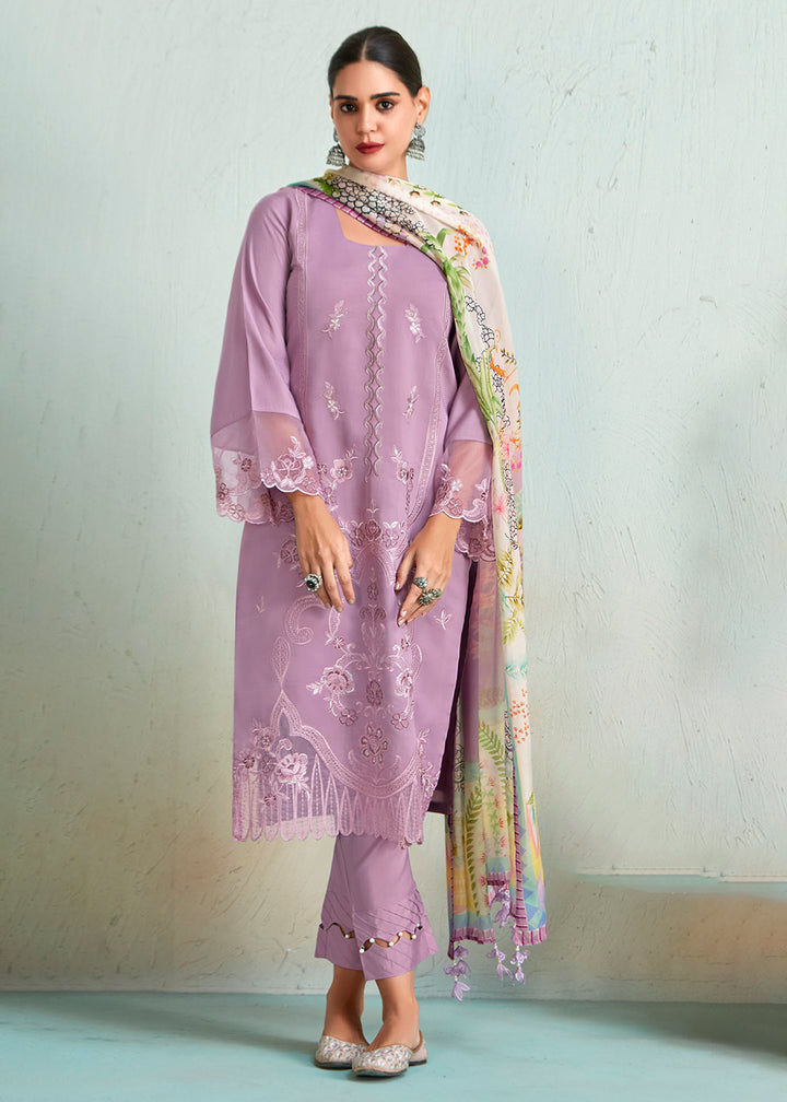 Buy Now Lilac Pink Pure Muslin Resham Embroidered Salwar Suit Online in USA, UK, Canada, Germany, Australia & Worldwide at Empress Clothing. 