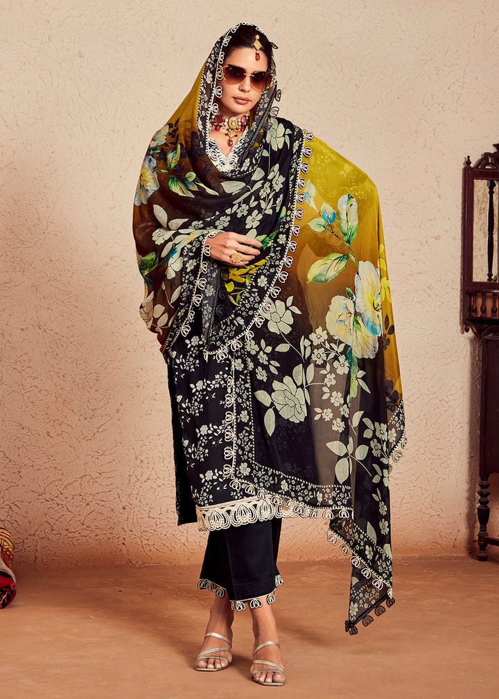 Buy Now Black Muslin Cotton Digital Print & Embroidered Salwar Suit Online in USA, UK, Canada, Germany, Australia & Worldwide at Empress Clothing. 