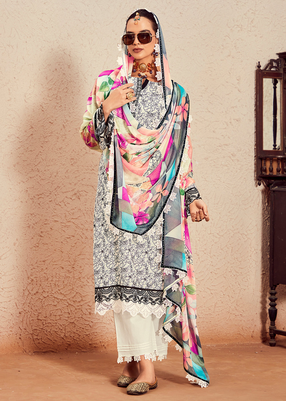 Buy Now Muslin Cotton Digital Print & Embroidered Off White Salwar Suit Online in USA, UK, Canada, Germany, Australia & Worldwide at Empress Clothing.