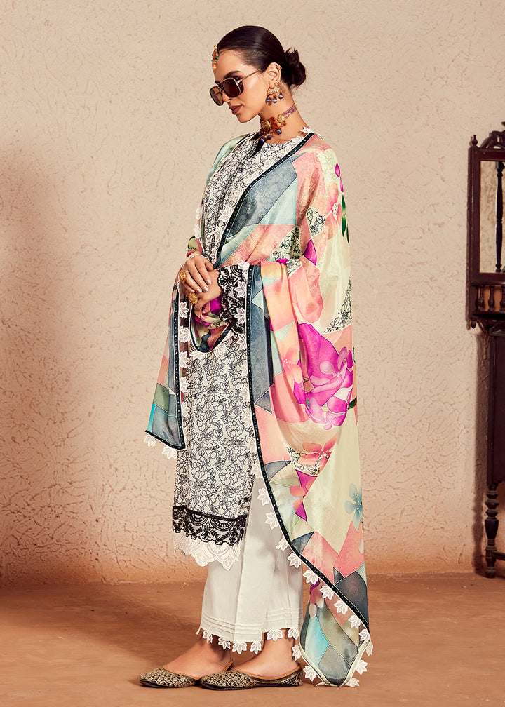 Buy Now Muslin Cotton Digital Print & Embroidered Off White Salwar Suit Online in USA, UK, Canada, Germany, Australia & Worldwide at Empress Clothing.