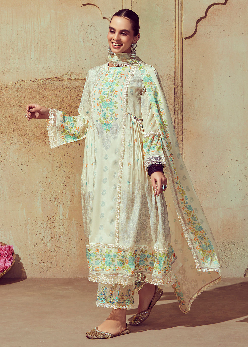 Buy Now Digital Printed & Embroidered Off White Muslin Salwar Suit Online in USA, UK, Canada, Germany, Australia & Worldwide at Empress Clothing.