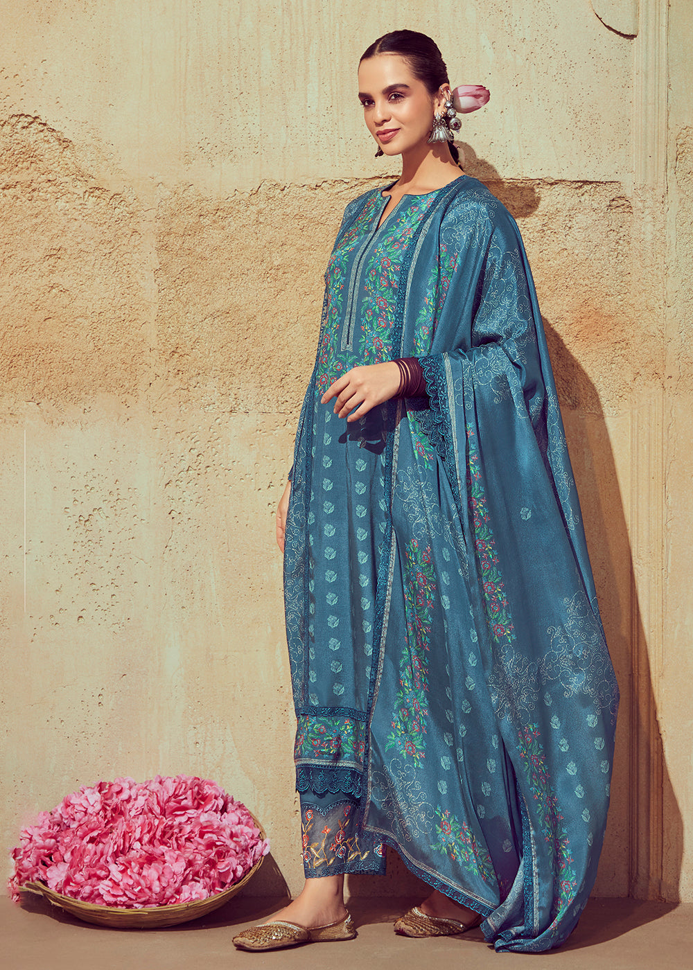 Buy Now Digital Printed & Embroidered Slate Blue Muslin Salwar Suit Online in USA, UK, Canada, Germany, Australia & Worldwide at Empress Clothing. 