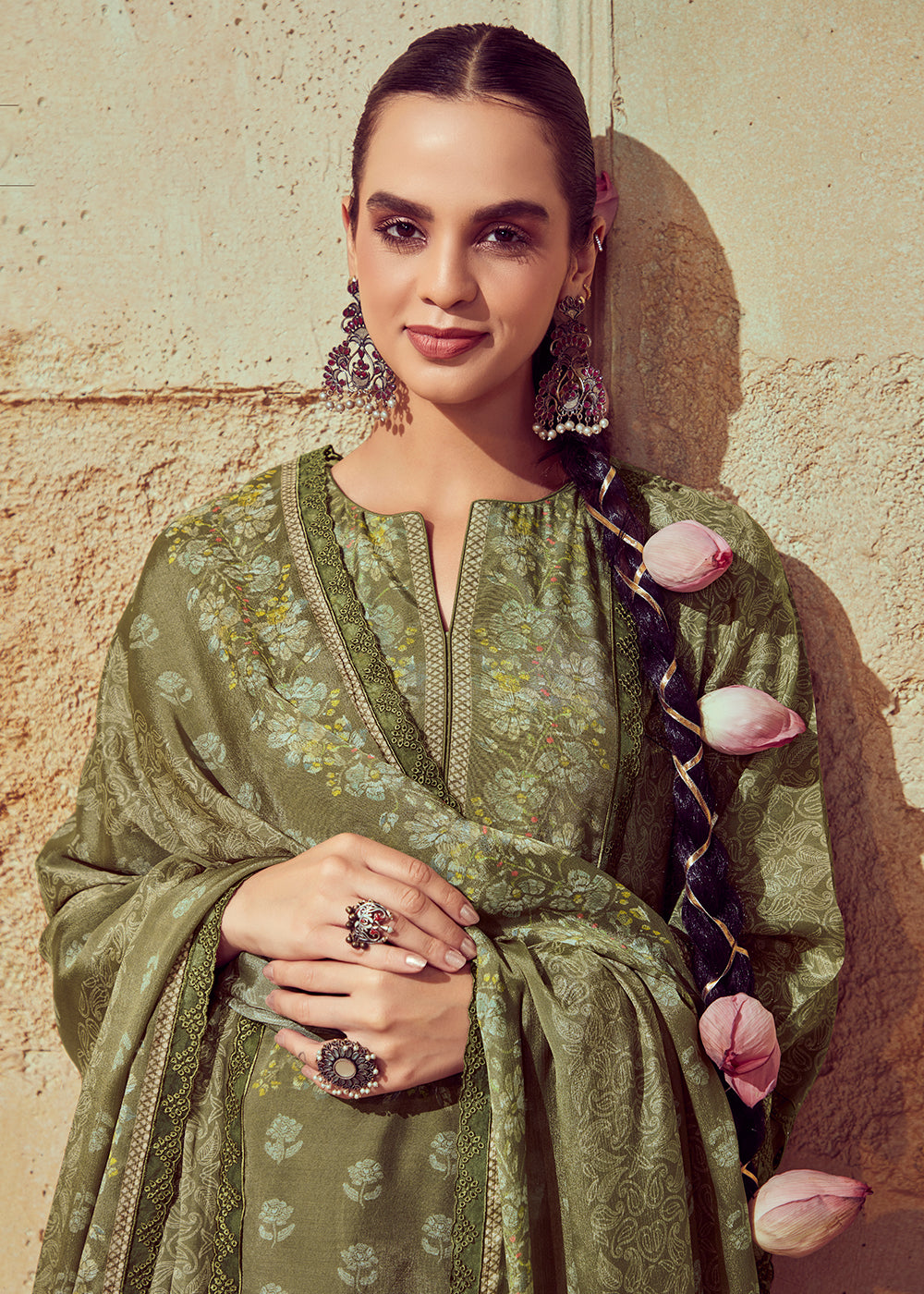 Buy Now Digital Printed & Embroidered Mehndi Green Muslin Salwar Suit Online in USA, UK, Canada, Germany, Australia & Worldwide at Empress Clothing.
