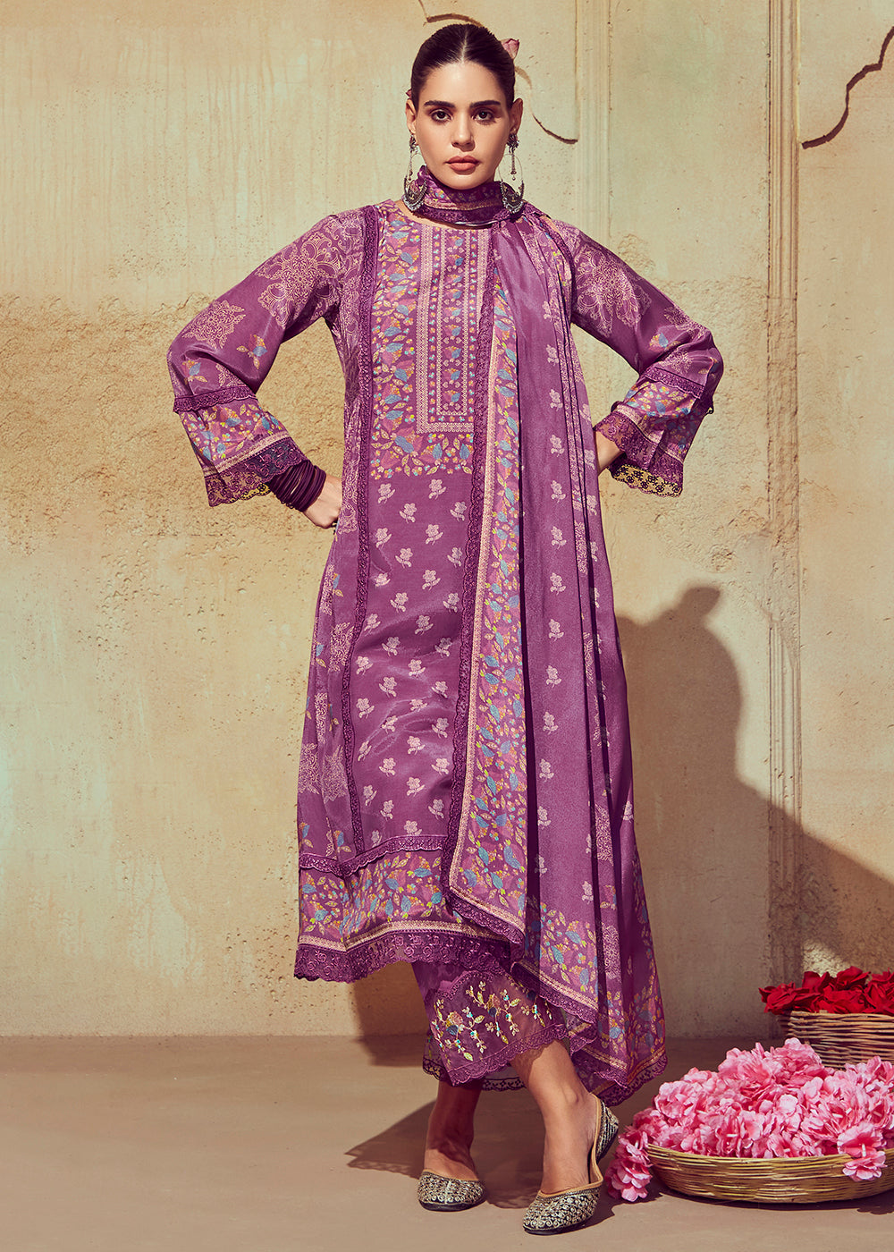 Buy Now Digital Printed & Embroidered Onion Pink Muslin Salwar Suit Online in USA, UK, Canada, Germany, Australia & Worldwide at Empress Clothing. 