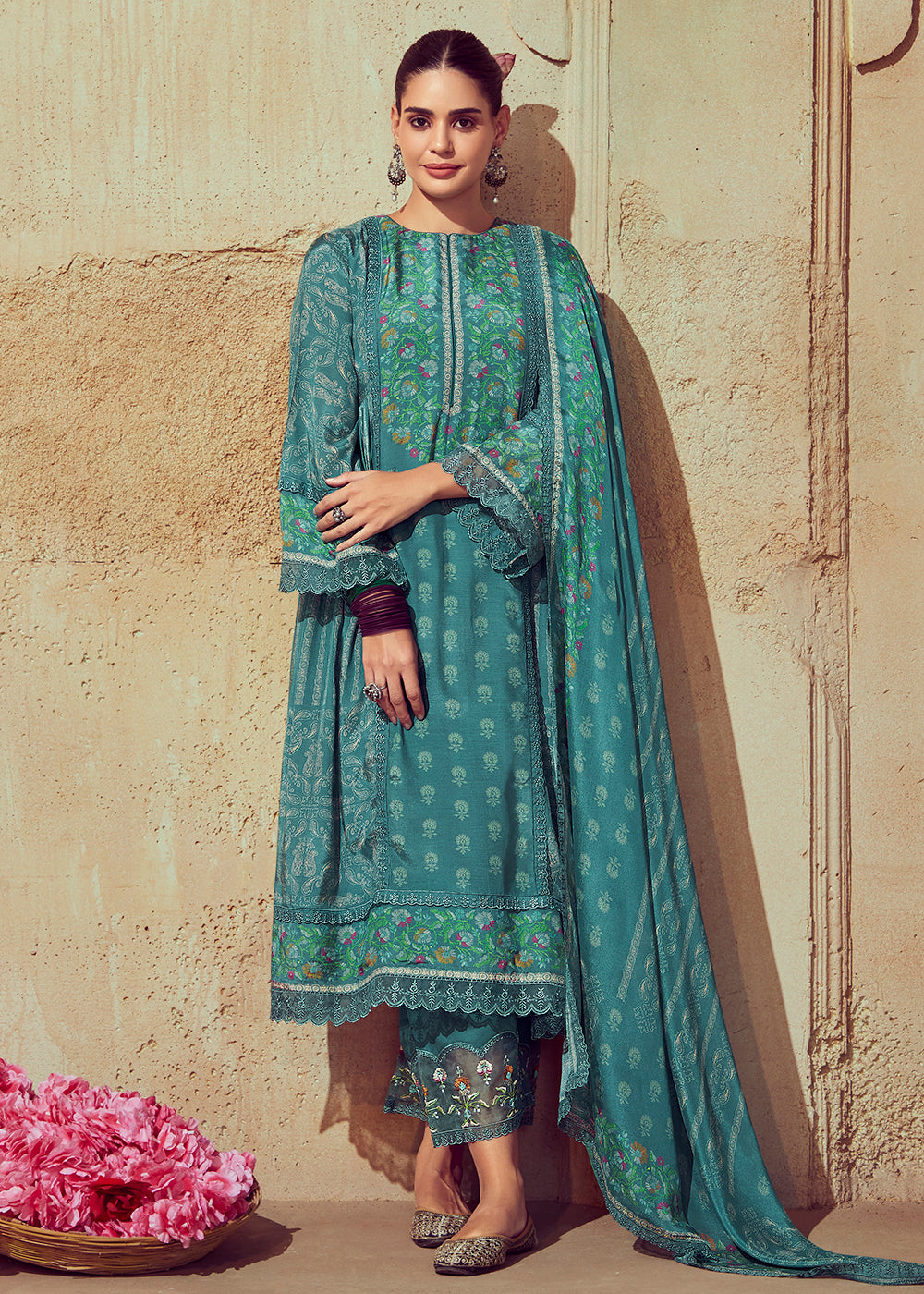 Buy Now Digital Printed & Embroidered Rama Green Muslin Salwar Suit Online in USA, UK, Canada, Germany, Australia & Worldwide at Empress Clothing. 