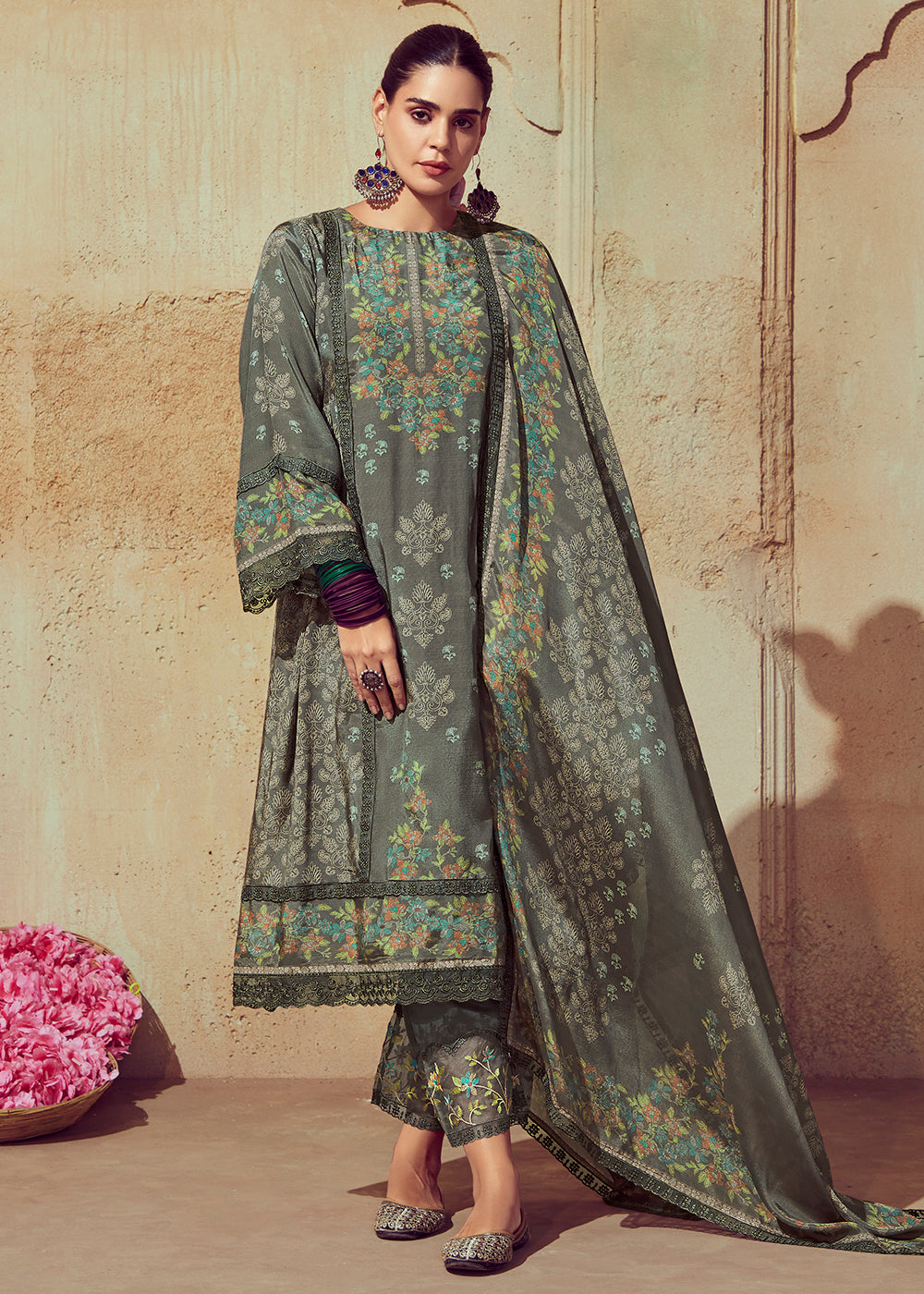 Buy Now Digital Printed & Embroidered Moss Grey Muslin Salwar Suit Online in USA, UK, Canada, Germany, Australia & Worldwide at Empress Clothing. 
