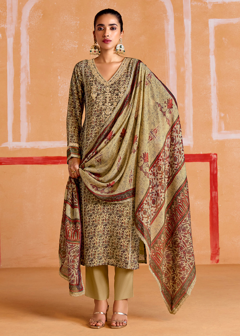 Buy Now Beige Pure Muslin Embroidered Pakistani Style Suit Online in USA, UK, Canada, Germany, Italy & Worldwide at Empress Clothing. 