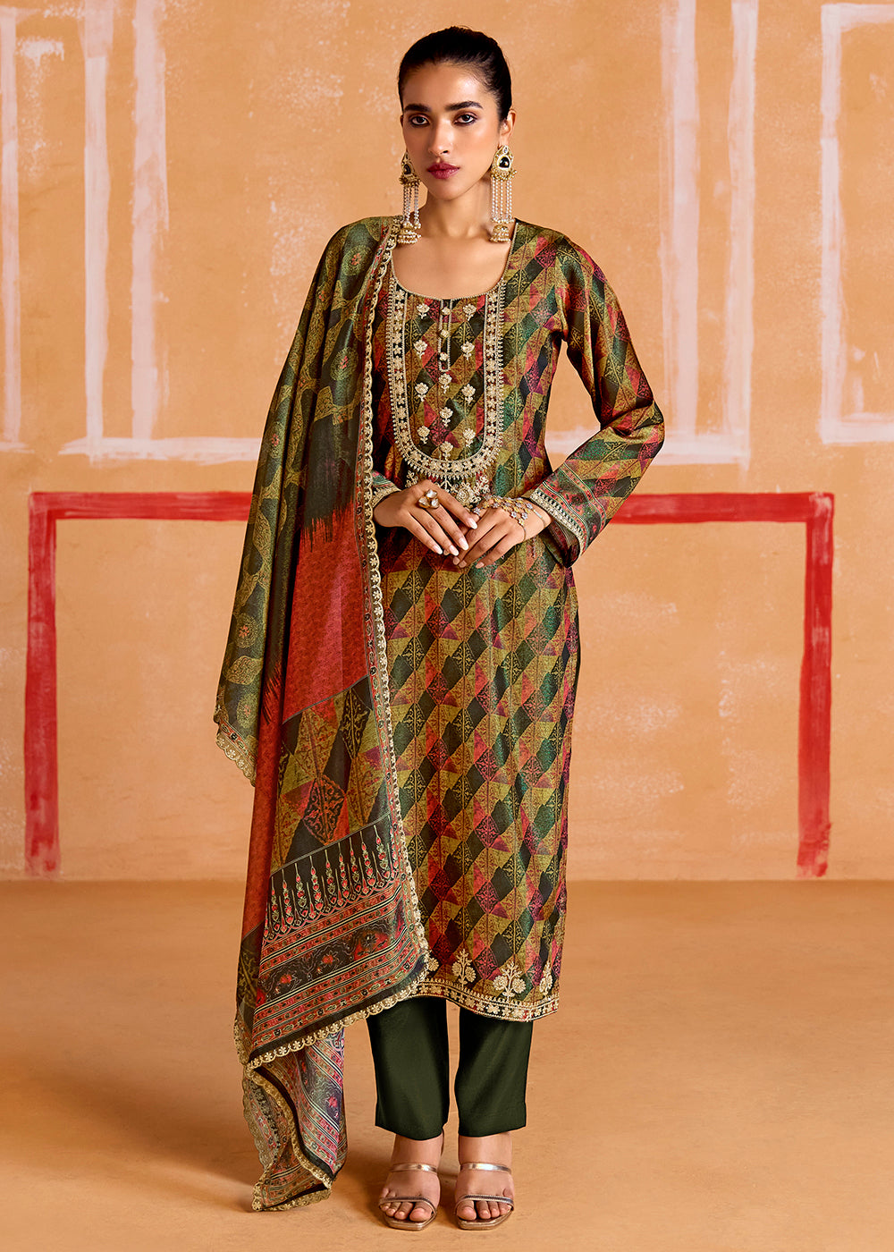 Buy Now Green Pure Muslin Embroidered Pakistani Style Suit Online in USA, UK, Canada, Germany, Italy & Worldwide at Empress Clothing.