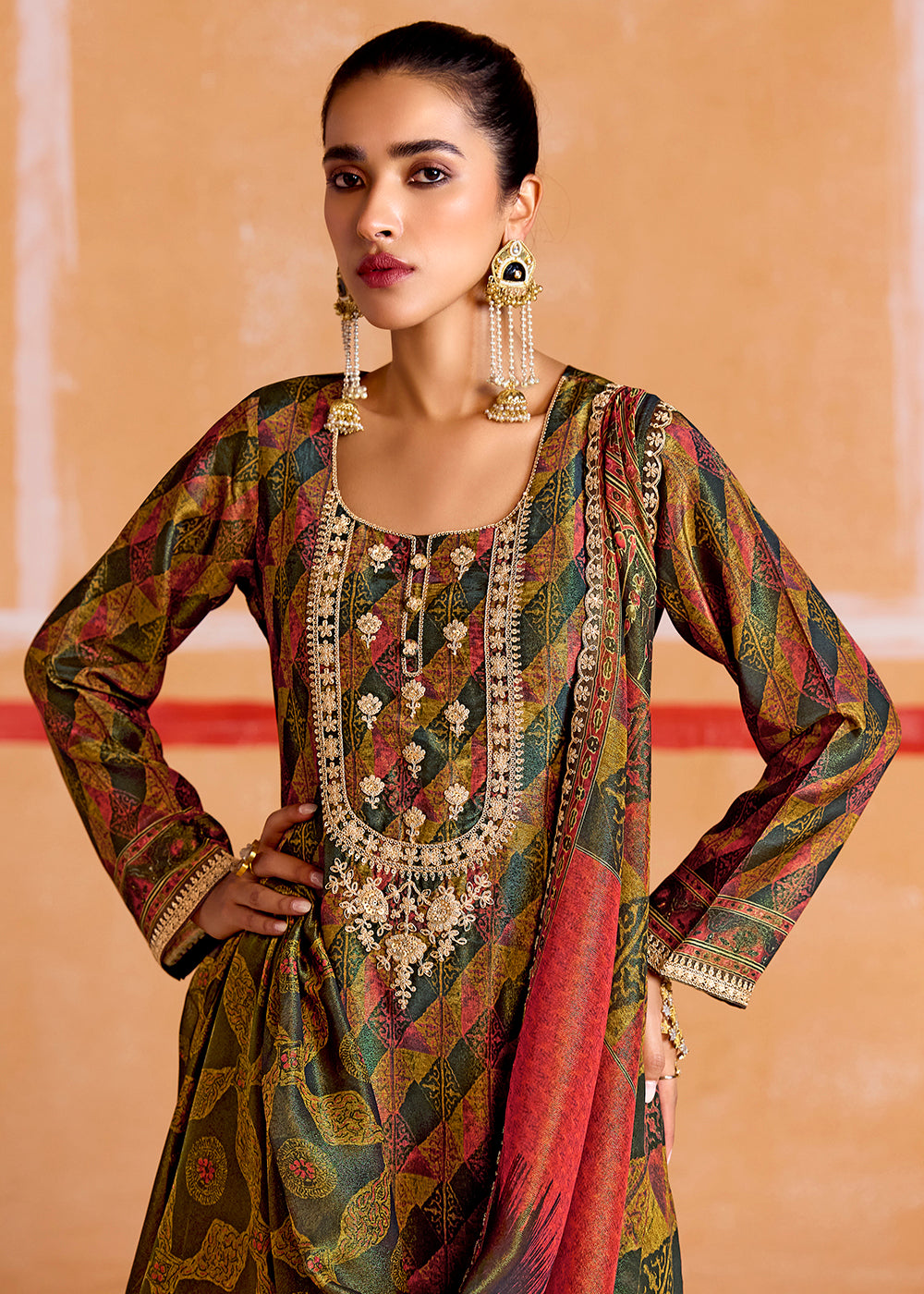 Buy Now Green Pure Muslin Embroidered Pakistani Style Suit Online in USA, UK, Canada, Germany, Italy & Worldwide at Empress Clothing.