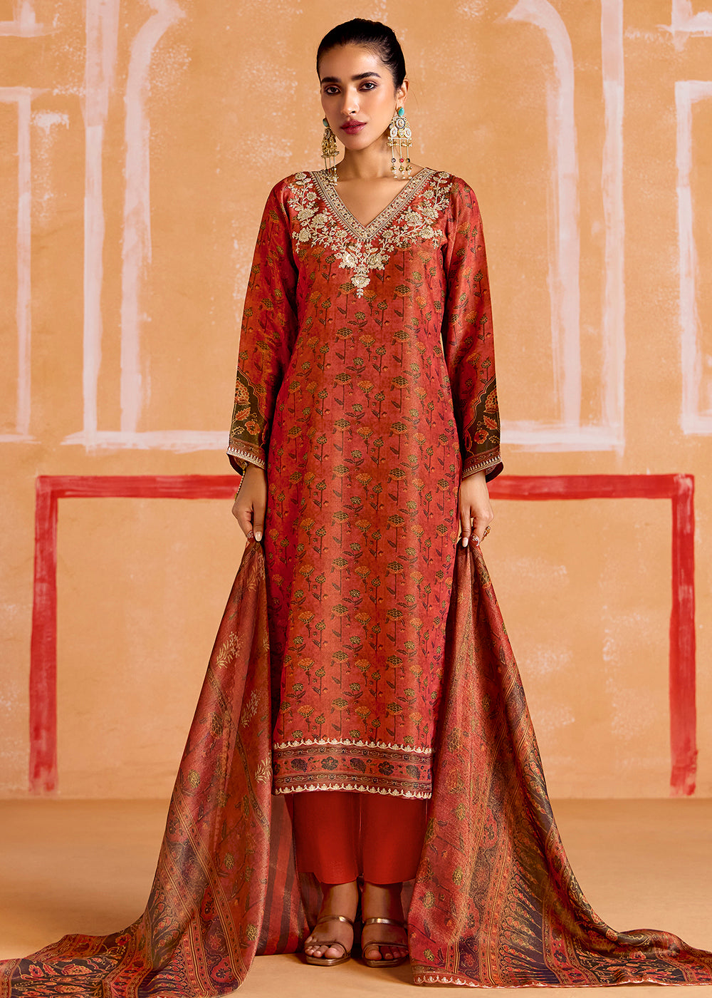 Buy Now Rust Pure Muslin Embroidered Pakistani Style Suit Online in USA, UK, Canada, Germany, Italy & Worldwide at Empress Clothing. 