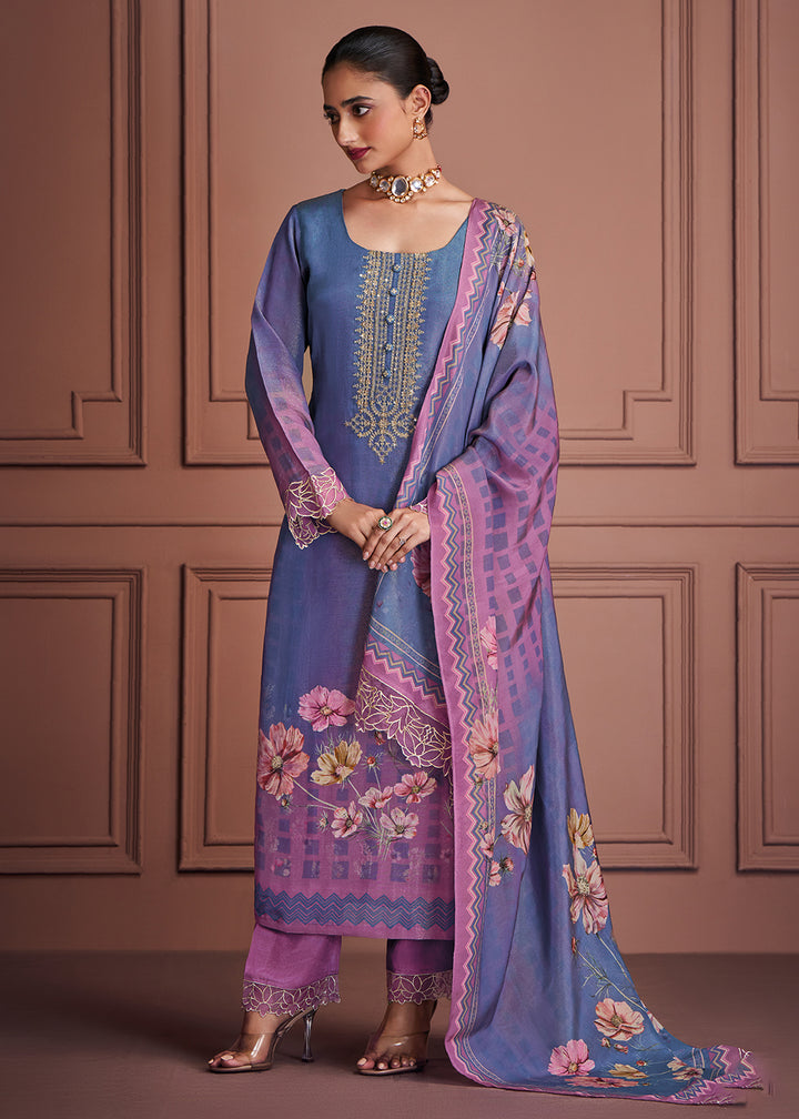 Buy Now Blue & Pink Muslin Festive Style Salwar Suit Online in USA, UK, Canada, Germany, Italy, UAE, France, Austria & Worldwide at Empress Clothing.
