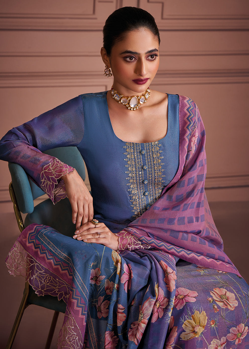 Buy Now Blue & Pink Muslin Festive Style Salwar Suit Online in USA, UK, Canada, Germany, Italy, UAE, France, Austria & Worldwide at Empress Clothing.