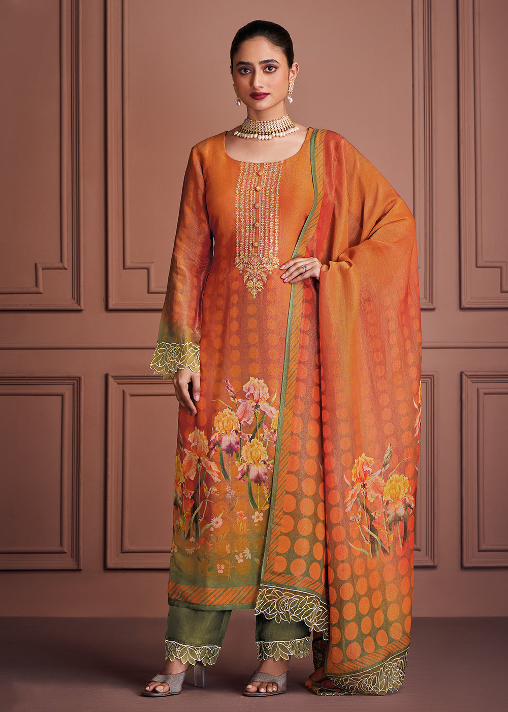 Buy Now Orange & Green Muslin Festive Style Salwar Suit Online in USA, UK, Canada, Germany, Italy, UAE, France, Austria & Worldwide at Empress Clothing.