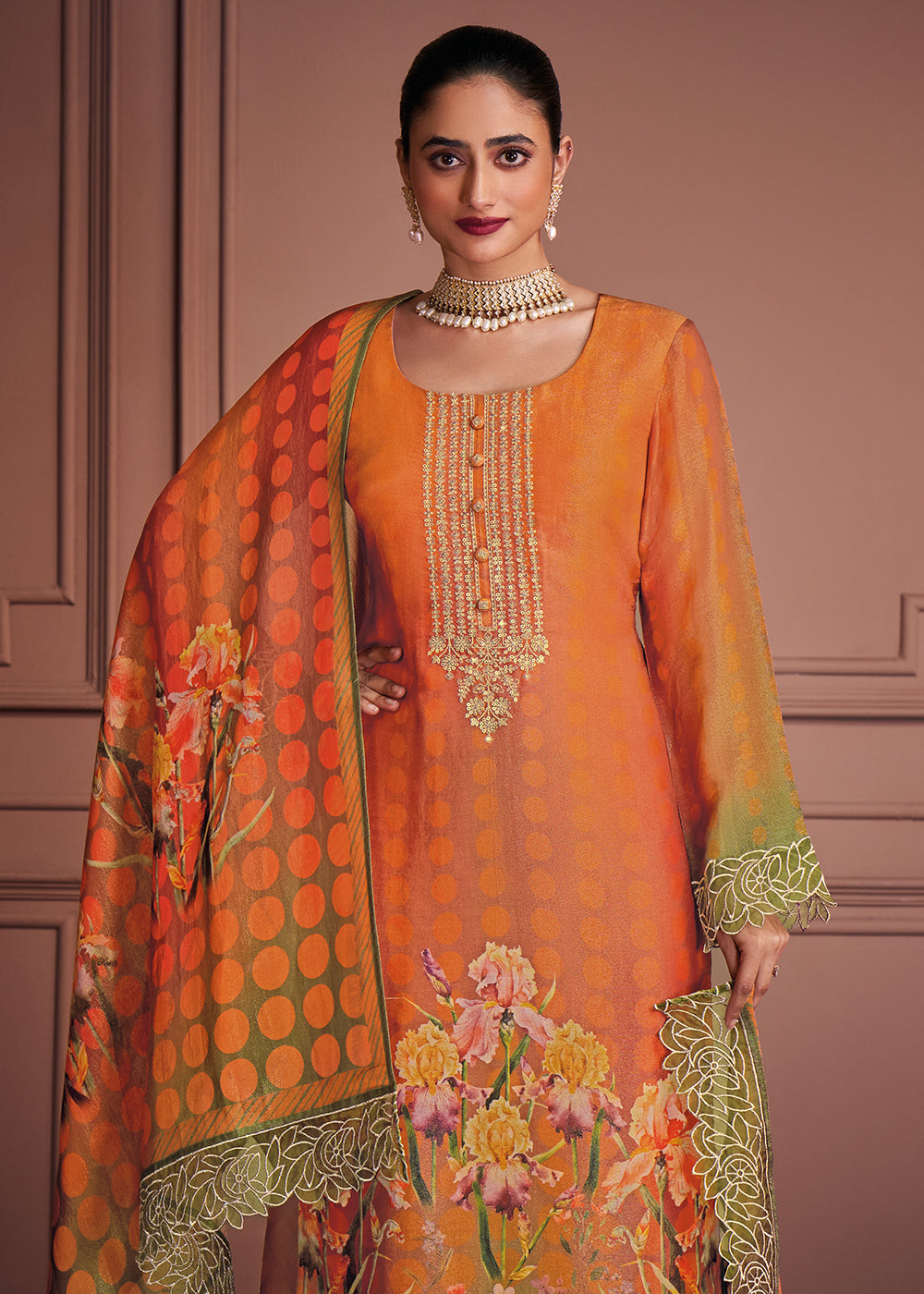 Buy Now Orange & Green Muslin Festive Style Salwar Suit Online in USA, UK, Canada, Germany, Italy, UAE, France, Austria & Worldwide at Empress Clothing.