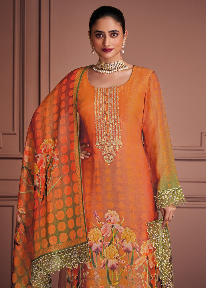 Buy Now Orange & Green Muslin Festive Style Salwar Suit Online in USA, UK, Canada, Germany, Italy, UAE, France, Austria & Worldwide at Empress Clothing.