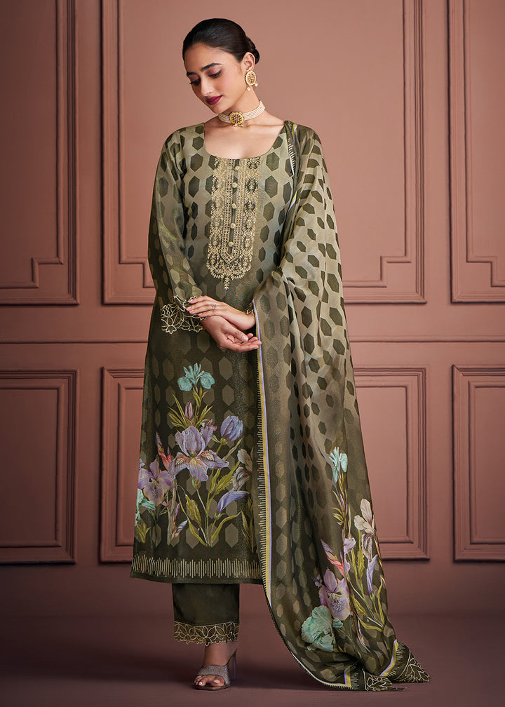 Buy Now Mehndi Green Muslin Festive Style Salwar Suit Online in USA, UK, Canada, Germany, Italy, UAE, France, Austria & Worldwide at Empress Clothing.