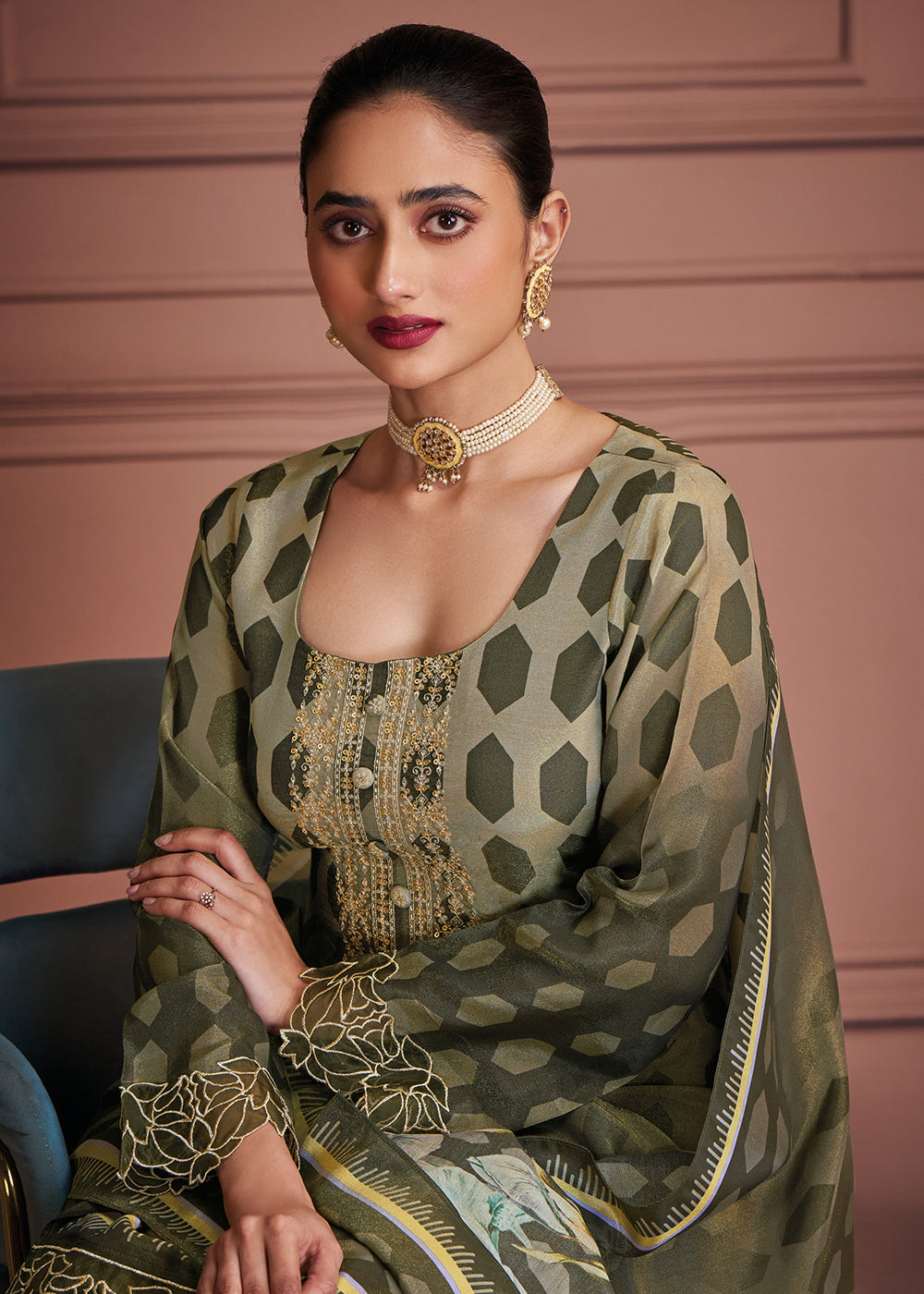Buy Now Mehndi Green Muslin Festive Style Salwar Suit Online in USA, UK, Canada, Germany, Italy, UAE, France, Austria & Worldwide at Empress Clothing.