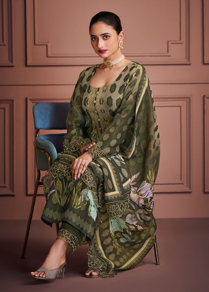 Buy Now Mehndi Green Muslin Festive Style Salwar Suit Online in USA, UK, Canada, Germany, Italy, UAE, France, Austria & Worldwide at Empress Clothing.