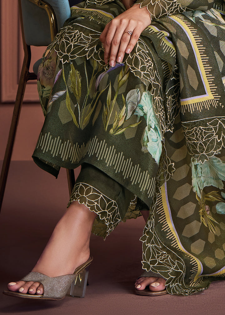 Buy Now Mehndi Green Muslin Festive Style Salwar Suit Online in USA, UK, Canada, Germany, Italy, UAE, France, Austria & Worldwide at Empress Clothing.