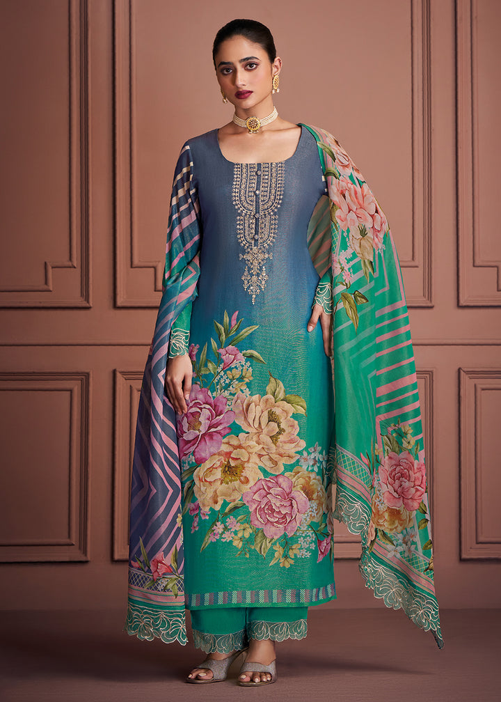 Buy Now Rama & Blue Muslin Festive Style Salwar Suit Online in USA, UK, Canada, Germany, Italy, UAE, France, Austria & Worldwide at Empress Clothing.