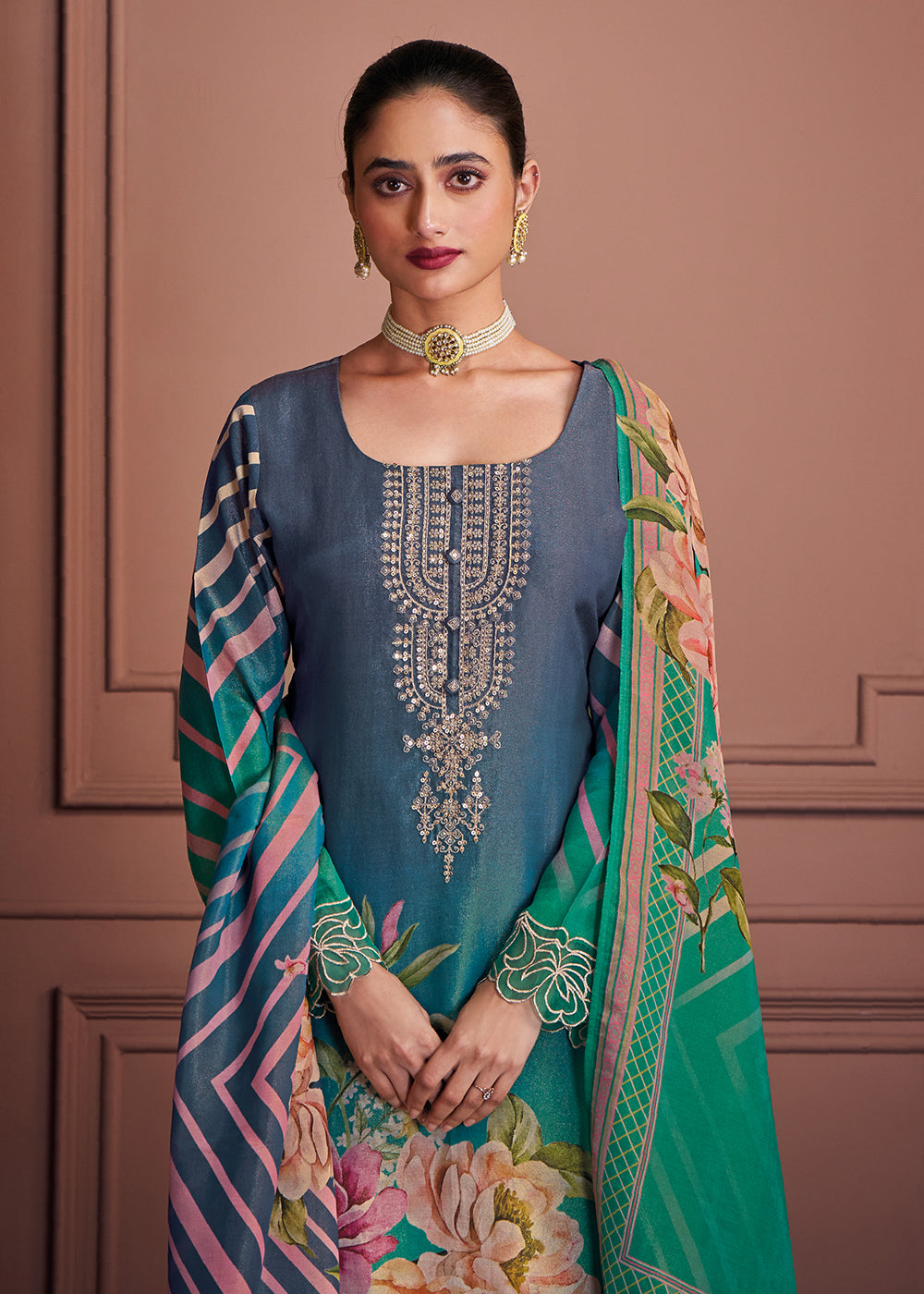 Buy Now Rama & Blue Muslin Festive Style Salwar Suit Online in USA, UK, Canada, Germany, Italy, UAE, France, Austria & Worldwide at Empress Clothing.