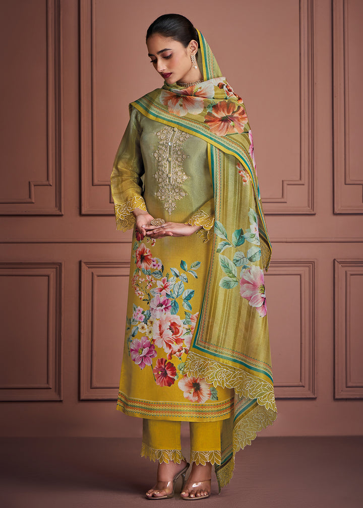 Buy Now Green & Mustard Muslin Festive Style Salwar Suit Online in USA, UK, Canada, Germany, Italy, UAE, France, Austria & Worldwide at Empress Clothing.