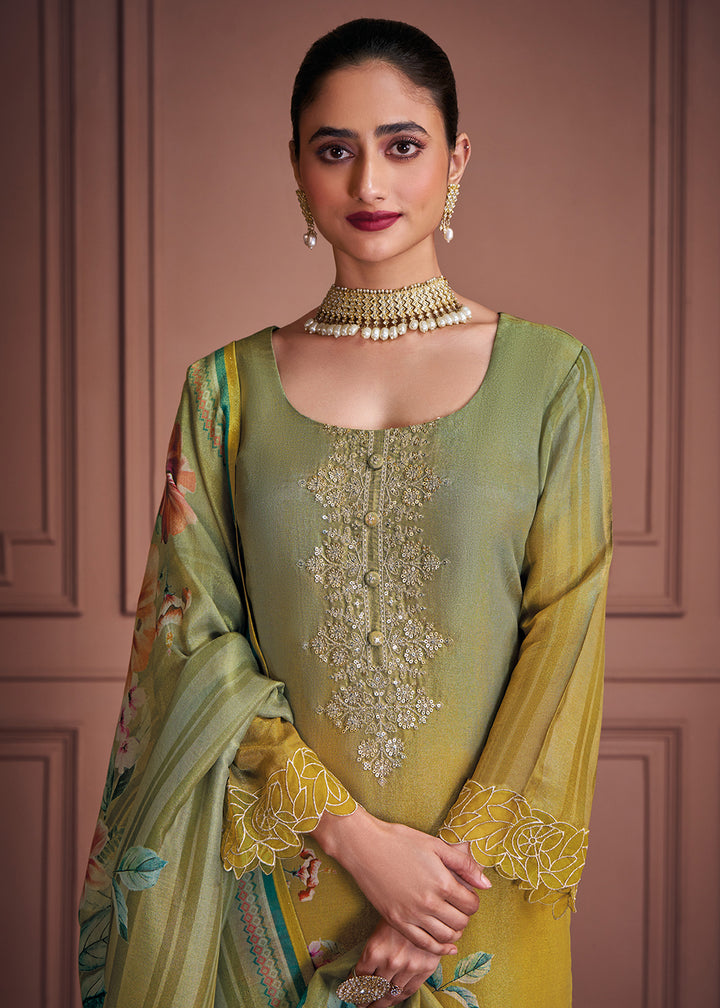 Buy Now Green & Mustard Muslin Festive Style Salwar Suit Online in USA, UK, Canada, Germany, Italy, UAE, France, Austria & Worldwide at Empress Clothing.