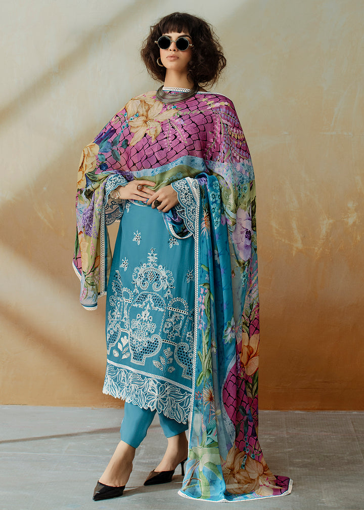 Buy Now Blue Applique Embroidered Muslin Pant Style Salwar Suit Online in USA, UK, Canada, Germany, Italy, France, Austria & Worldwide at Empress Clothing.