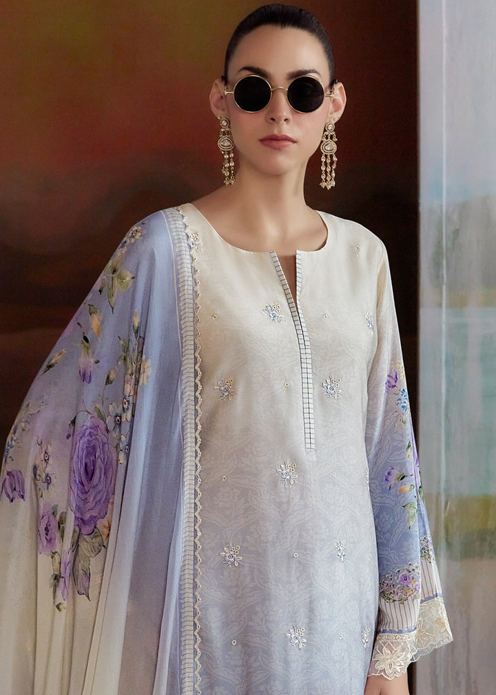 Buy Now Ombre Off White & Lavender Pure Muslin Festuve Salwar Suit Online in USA, UK, Canada, Germany, Italy, France, Denmark & Worldwide at Empress Clothing.