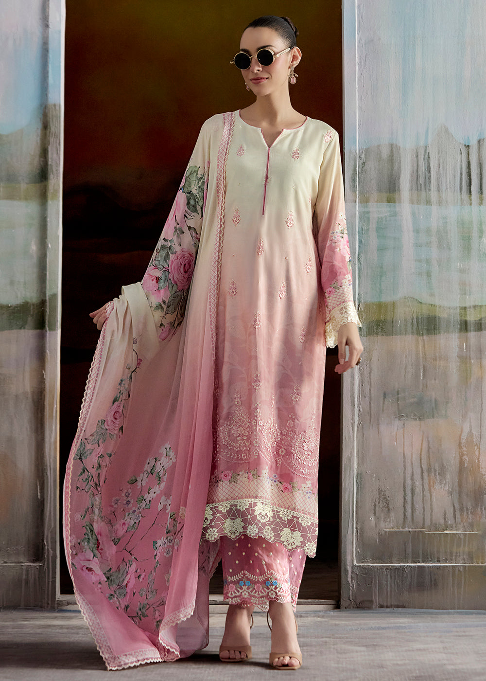 Buy Now Ombre Off White & Pink Pure Muslin Festuve Salwar Suit Online in USA, UK, Canada, Germany, Italy, France, Denmark, UAE & Worldwide at Empress Clothing.