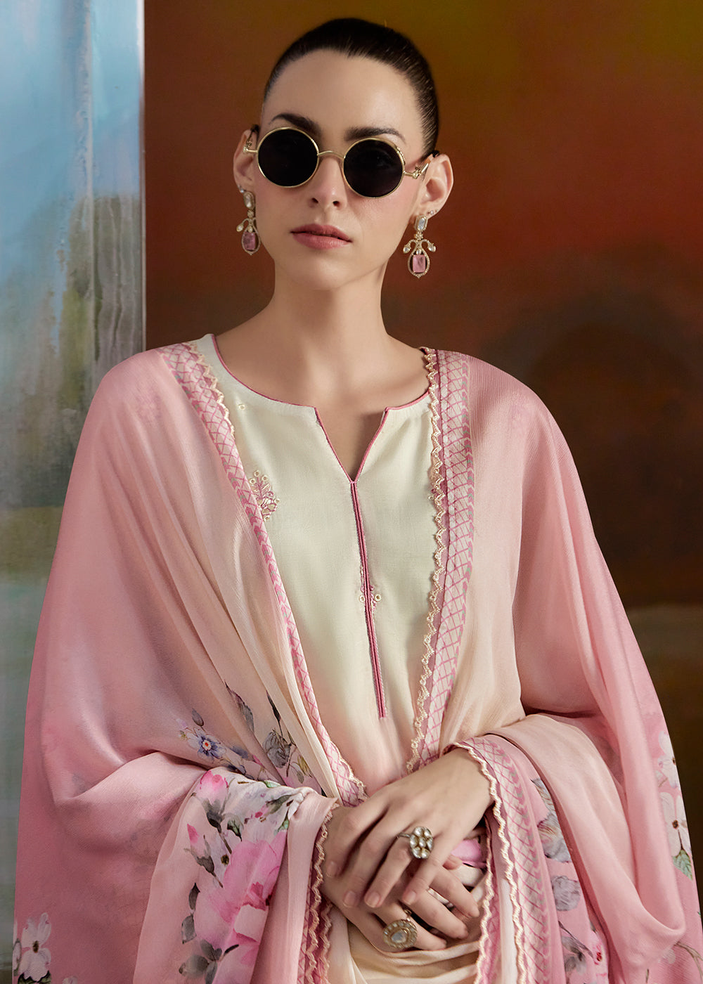 Buy Now Ombre Off White & Pink Pure Muslin Festuve Salwar Suit Online in USA, UK, Canada, Germany, Italy, France, Denmark, UAE & Worldwide at Empress Clothing.