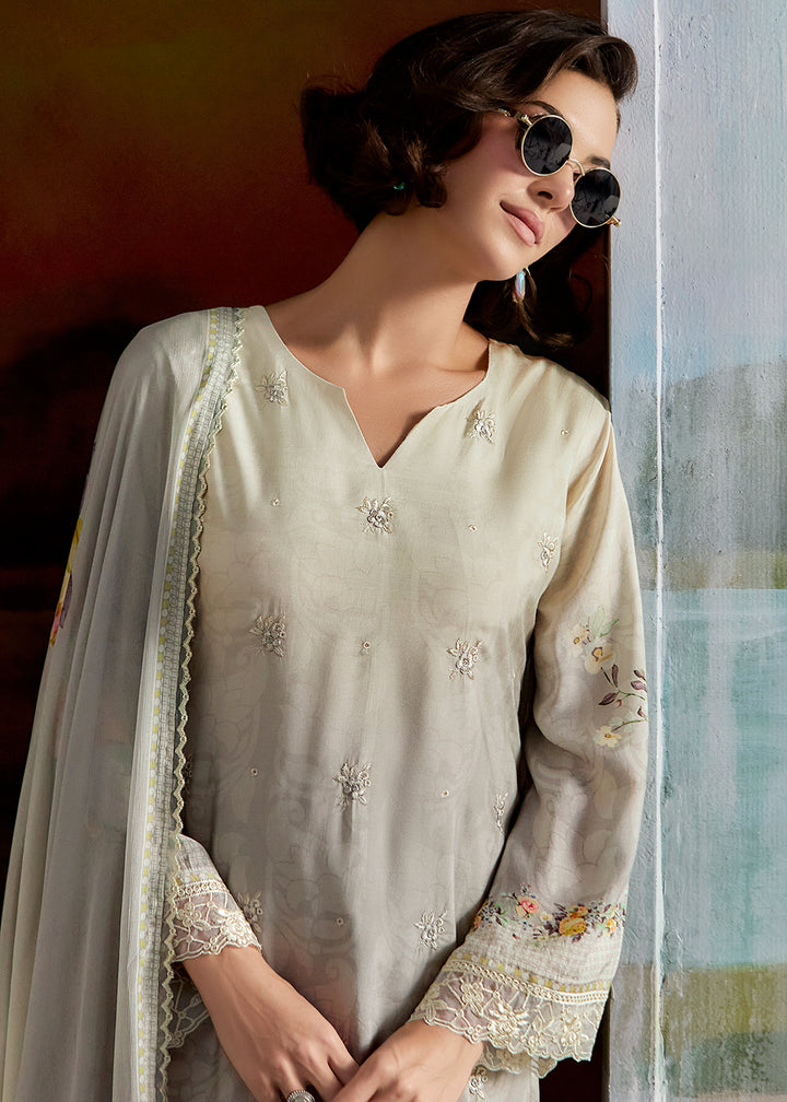 Buy Now Ombre Off White & Grey Pure Muslin Festuve Salwar Suit Online in USA, UK, Canada, Germany, Italy, France, Denmark, UAE & Worldwide at Empress Clothing.