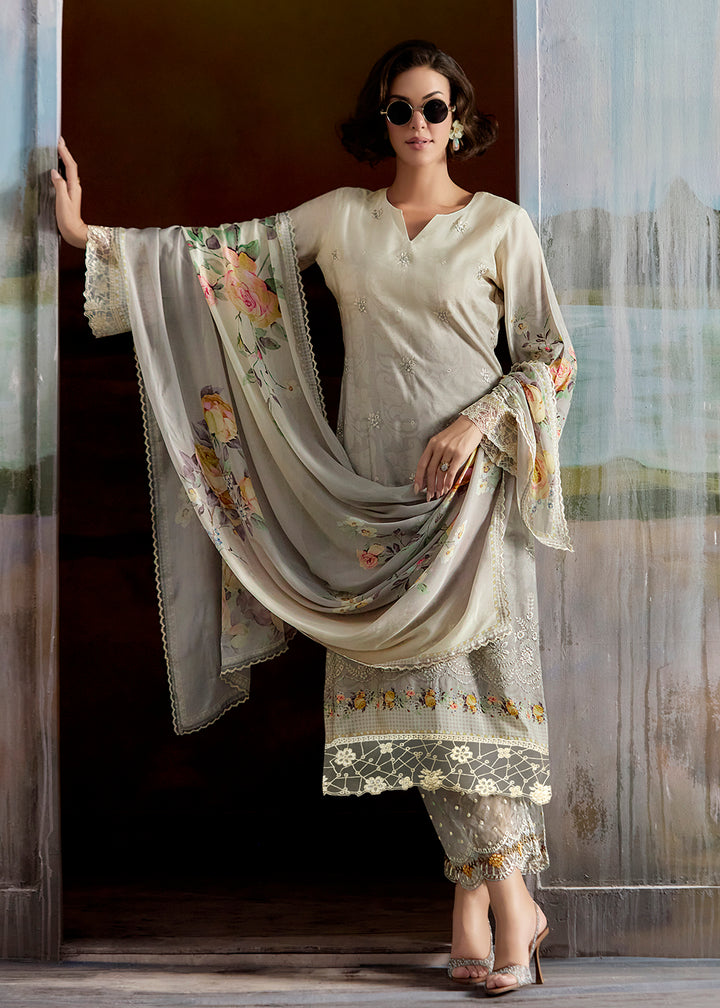 Buy Now Ombre Off White & Grey Pure Muslin Festuve Salwar Suit Online in USA, UK, Canada, Germany, Italy, France, Denmark, UAE & Worldwide at Empress Clothing.
