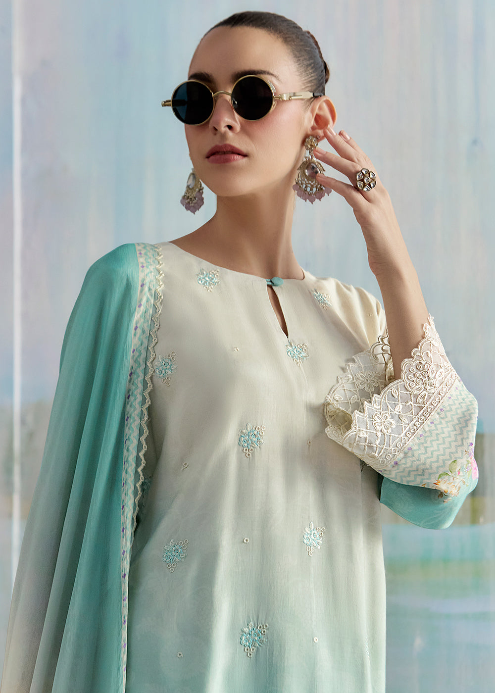 Buy Now Ombre Off White & Blue Pure Muslin Festuve Salwar Suit Online in USA, UK, Canada, Germany, Italy, France, Denmark, UAE & Worldwide at Empress Clothing.