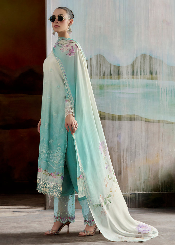 Buy Now Ombre Off White & Blue Pure Muslin Festuve Salwar Suit Online in USA, UK, Canada, Germany, Italy, France, Denmark, UAE & Worldwide at Empress Clothing.