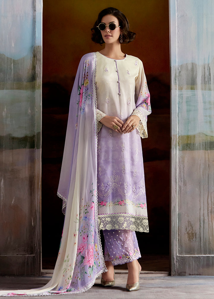 Buy Now Ombre Off White & Lilac Pure Muslin Festuve Salwar Suit Online in USA, UK, Canada, Germany, Italy, France, Denmark, UAE & Worldwide at Empress Clothing.