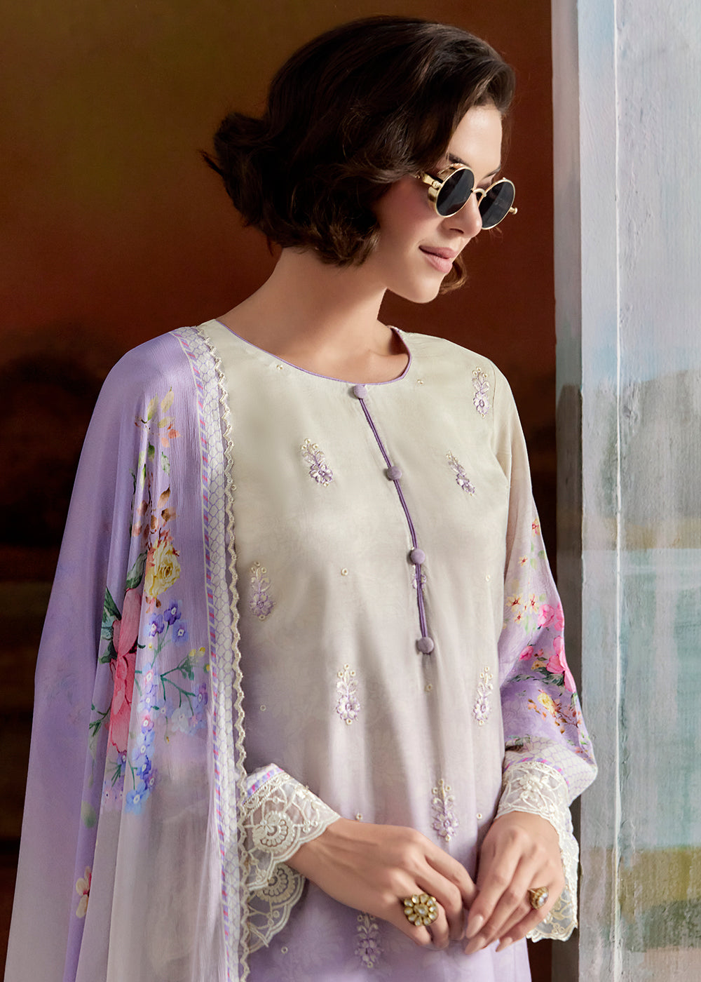 Buy Now Ombre Off White & Lilac Pure Muslin Festuve Salwar Suit Online in USA, UK, Canada, Germany, Italy, France, Denmark, UAE & Worldwide at Empress Clothing.
