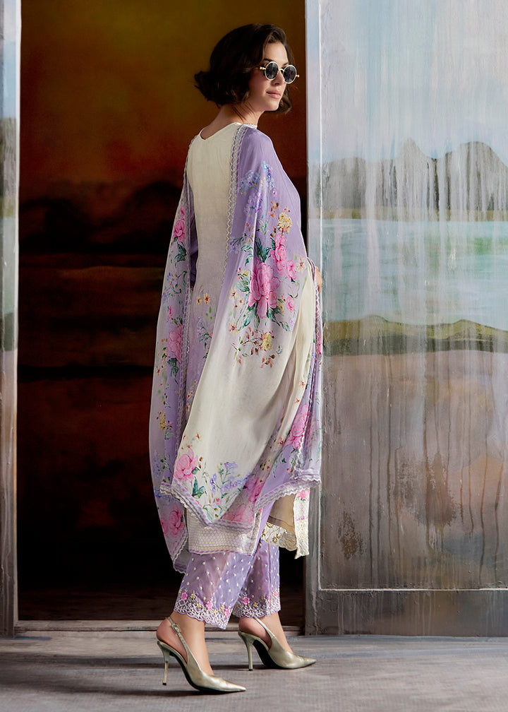 Buy Now Ombre Off White & Lilac Pure Muslin Festuve Salwar Suit Online in USA, UK, Canada, Germany, Italy, France, Denmark, UAE & Worldwide at Empress Clothing.