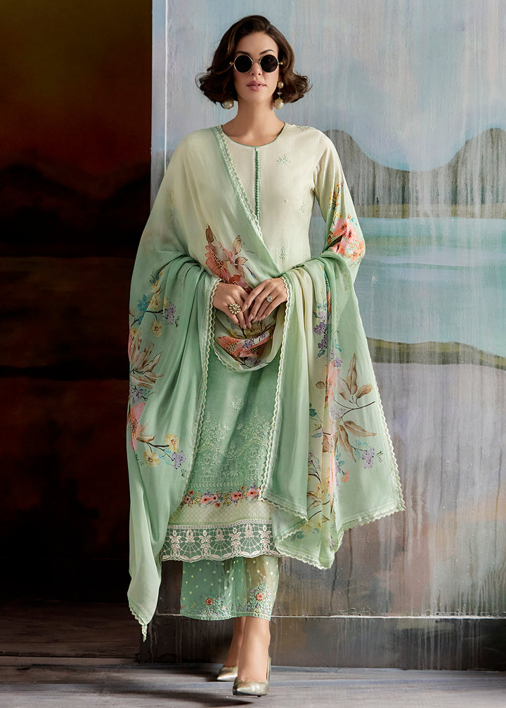Buy Now Ombre Off White & Green Pure Muslin Festuve Salwar Suit Online in USA, UK, Canada, Germany, Italy, France, Denmark, UAE & Worldwide at Empress Clothing.