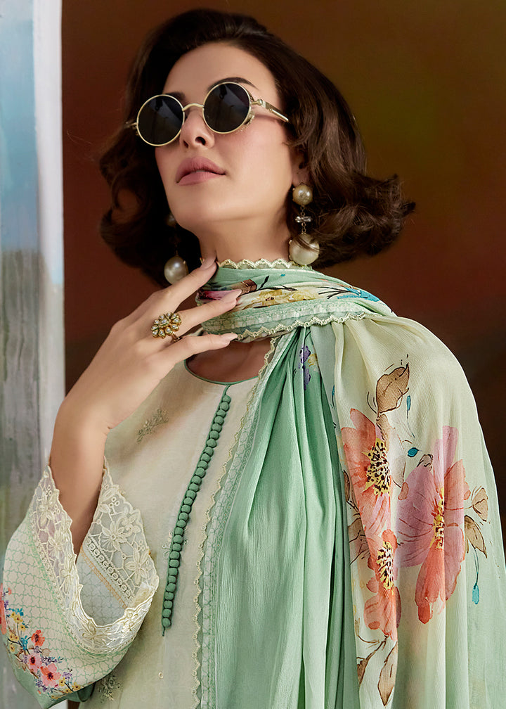 Buy Now Ombre Off White & Green Pure Muslin Festuve Salwar Suit Online in USA, UK, Canada, Germany, Italy, France, Denmark, UAE & Worldwide at Empress Clothing.