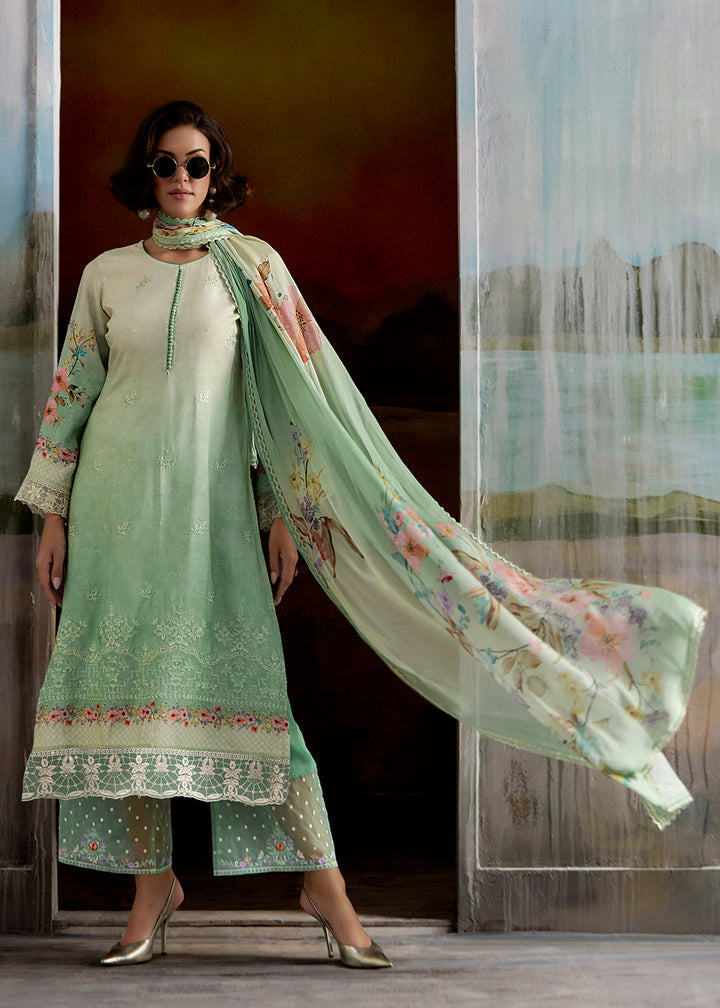 Buy Now Ombre Off White & Green Pure Muslin Festuve Salwar Suit Online in USA, UK, Canada, Germany, Italy, France, Denmark, UAE & Worldwide at Empress Clothing.