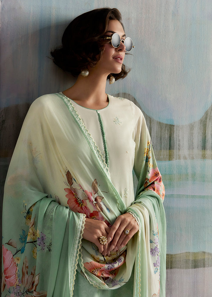 Buy Now Ombre Off White & Green Pure Muslin Festuve Salwar Suit Online in USA, UK, Canada, Germany, Italy, France, Denmark, UAE & Worldwide at Empress Clothing.
