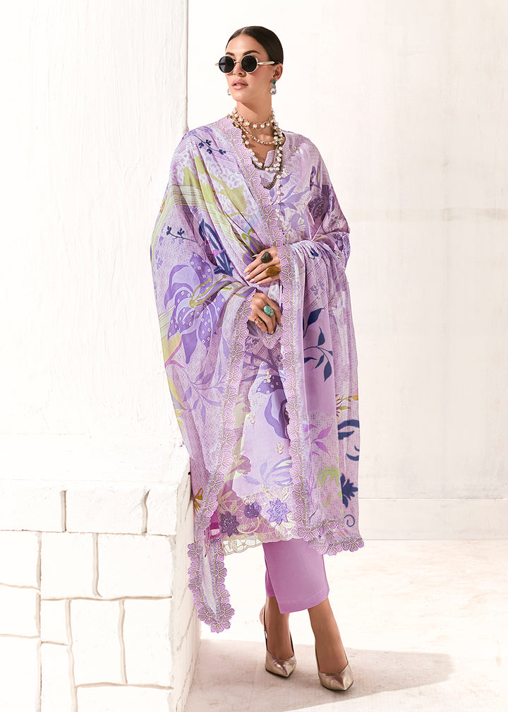Buy Now Lavender Printed & Embroidered Muslin Salwar Suit Online in US, UK, Canada, Germany, Italy, France, Australia, Norway & Worldwide at Empress Clothing.