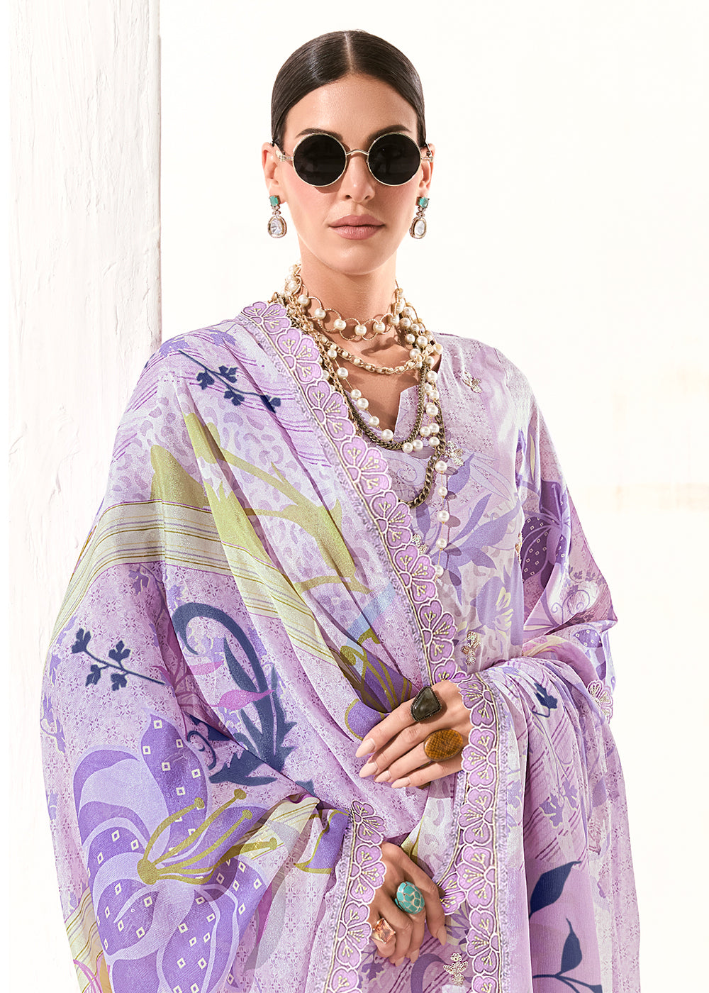 Buy Now Lavender Printed & Embroidered Muslin Salwar Suit Online in US, UK, Canada, Germany, Italy, France, Australia, Norway & Worldwide at Empress Clothing.