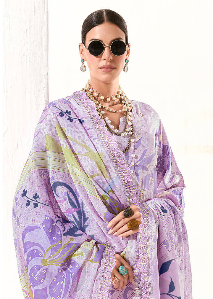 Buy Now Lavender Printed & Embroidered Muslin Salwar Suit Online in US, UK, Canada, Germany, Italy, France, Australia, Norway & Worldwide at Empress Clothing.
