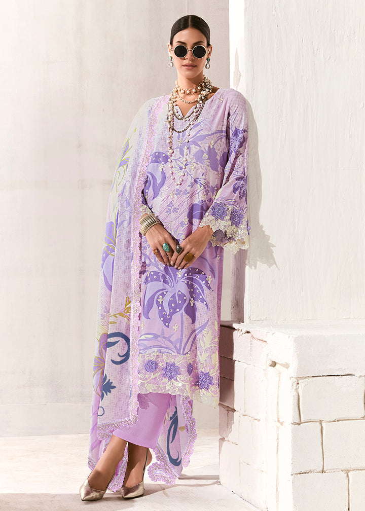 Buy Now Lavender Printed & Embroidered Muslin Salwar Suit Online in US, UK, Canada, Germany, Italy, France, Australia, Norway & Worldwide at Empress Clothing.