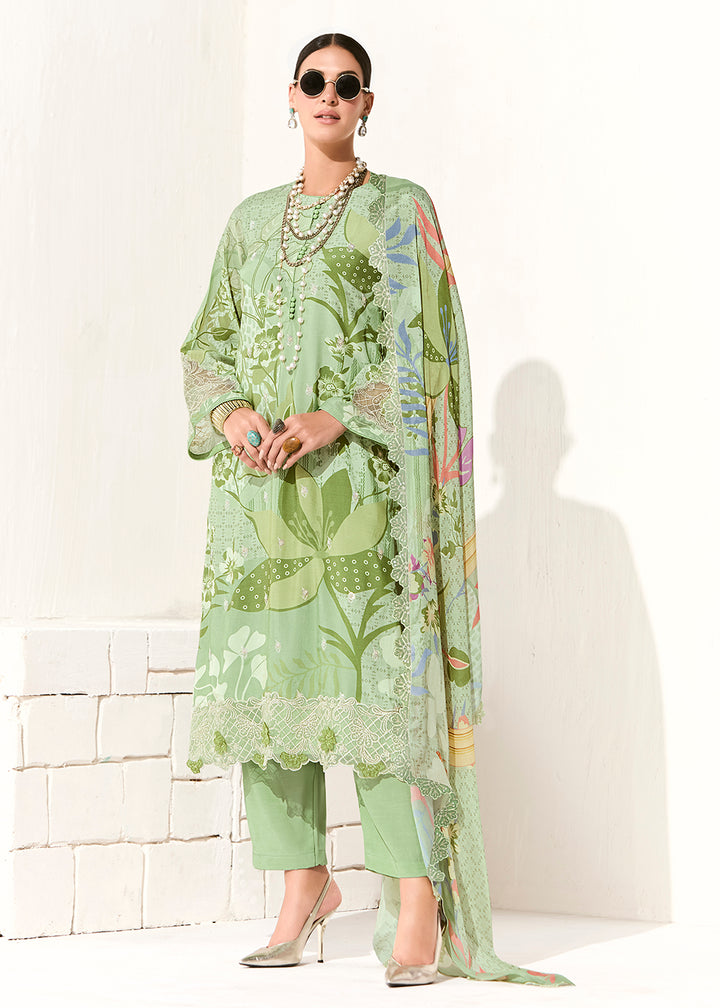 Buy Now Green Printed & Embroidered Muslin Salwar Suit Online in US, UK, Canada, Germany, Italy, France, Australia, Norway, UAE & Worldwide at Empress Clothing.