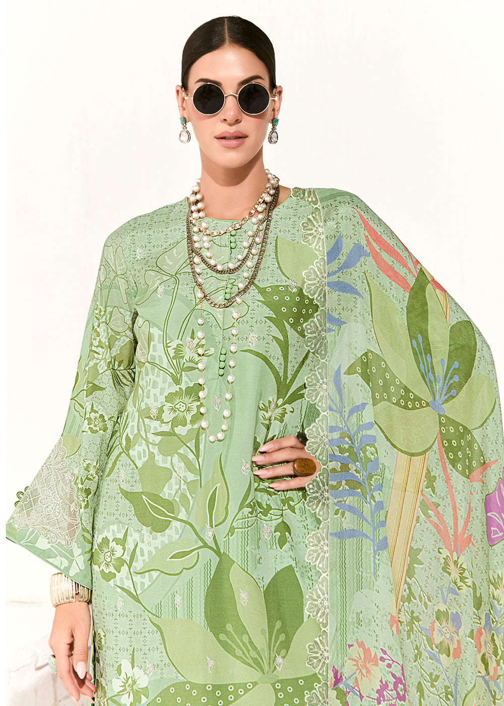 Buy Now Green Printed & Embroidered Muslin Salwar Suit Online in US, UK, Canada, Germany, Italy, France, Australia, Norway, UAE & Worldwide at Empress Clothing.